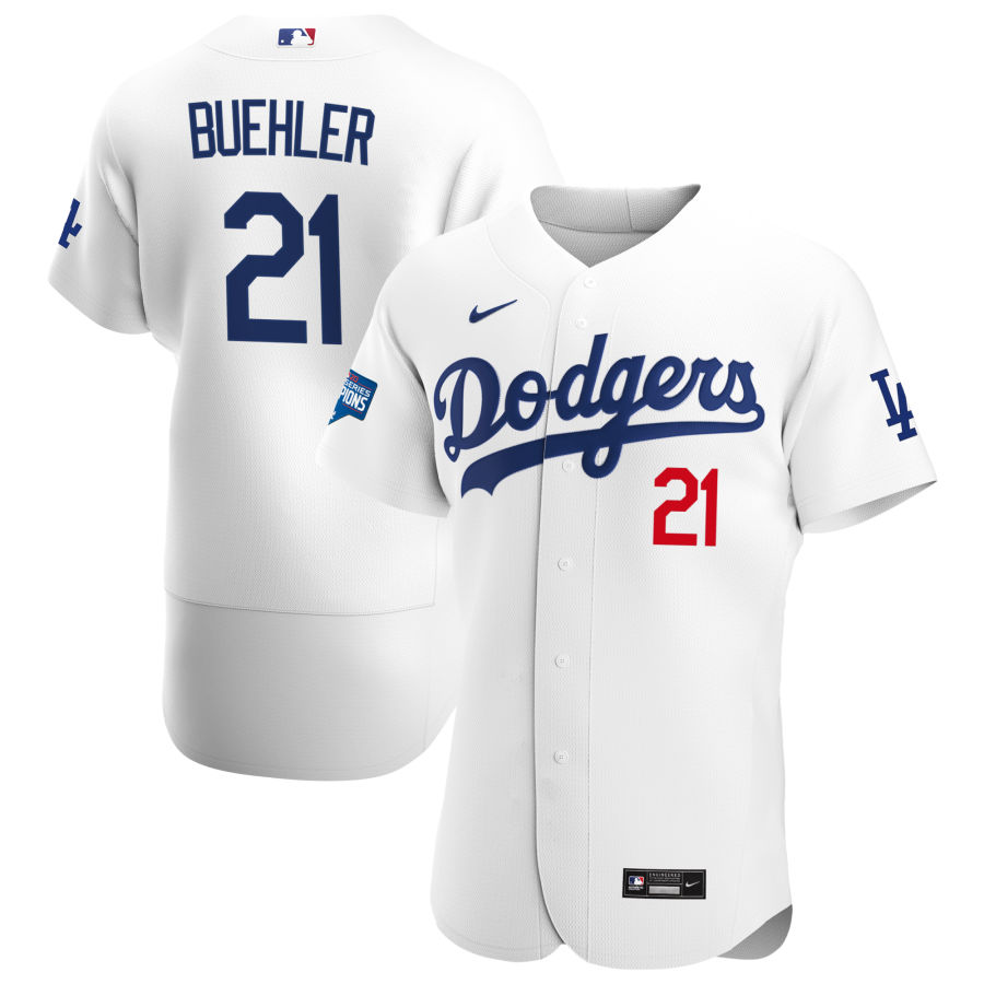 Los Angeles Dodgers 21 Walker Buehler Men Nike White Home 2020 World Series Champions Authentic Player MLB Jersey